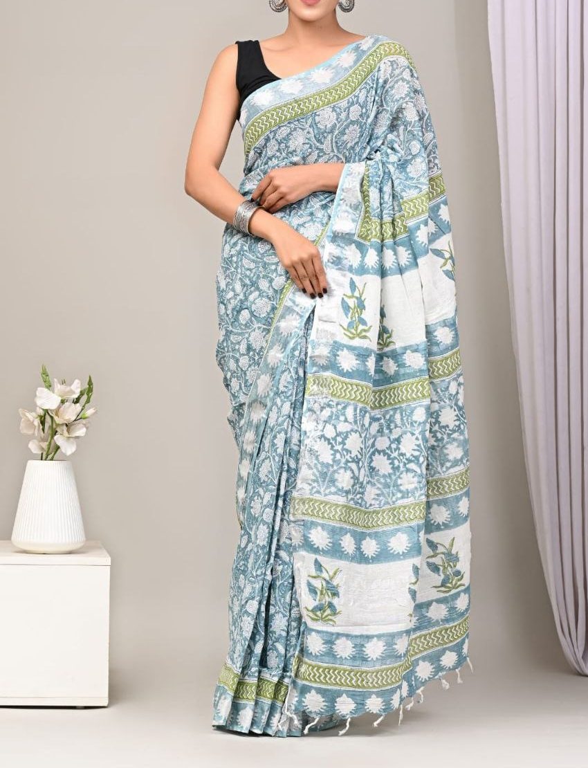 Pure Linen Silk sarees Traditional Digital Print Pallu with Blouse Zari Border- Grey