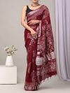 Pure Linen Silk sarees Traditional Digital Print Pallu with Blouse Zari Border- Mehroon