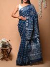 Pure Linen Silk sarees Traditional Digital Print Pallu with Blouse Zari Border- Blue